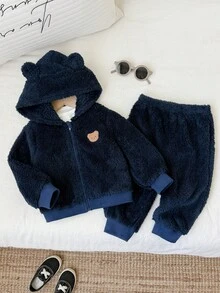 SHEIN 2件組男嬰秋冬休閒卡通熊貼布連帽長袖外套與長褲套裝，刷毛套裝，可愛男嬰套裝，外套套裝 - 彩色 - 查看 2