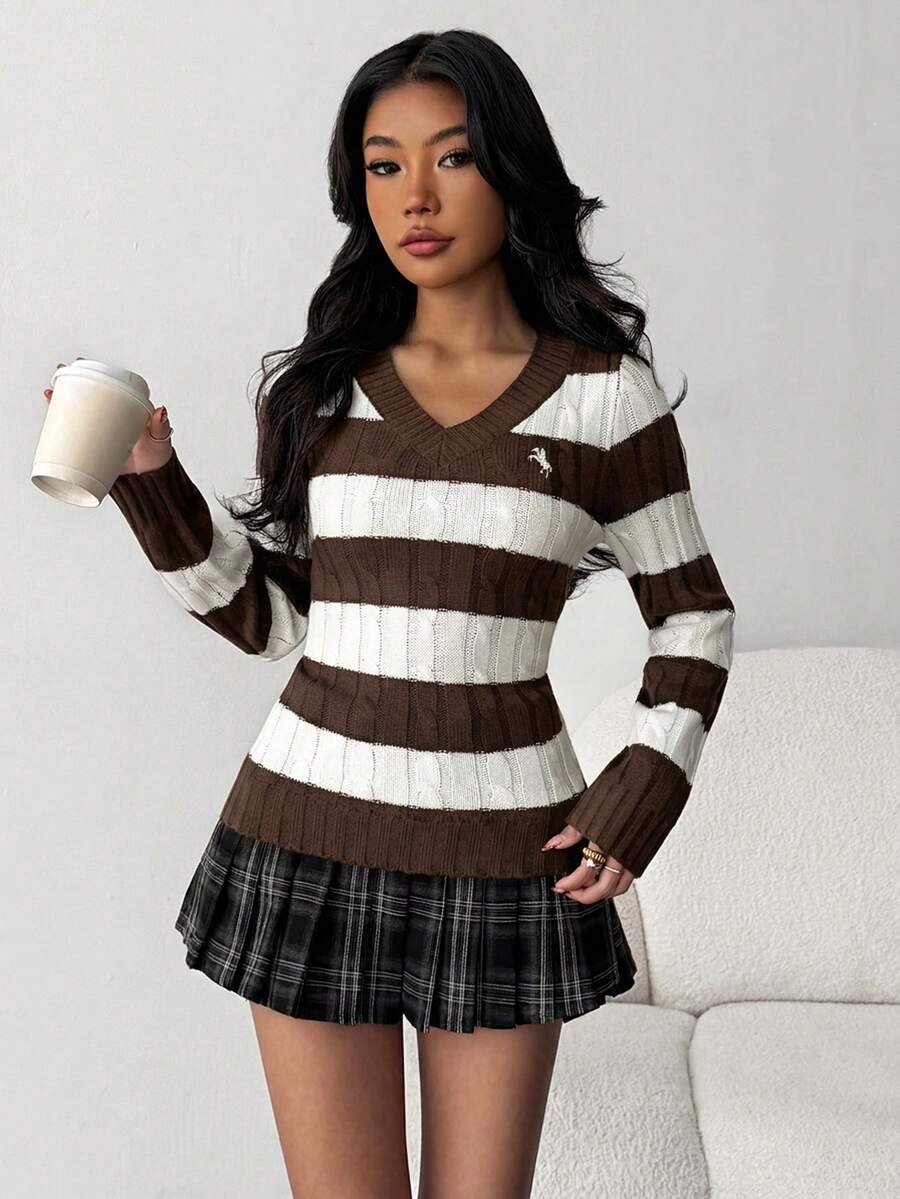 SHEIN 青少年女孩條紋V領學院風拼色針織修身舒適套頭秋季毛衣 - 棕色 - 查看 1
