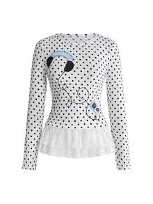 ROMWE Kawaii Y2K Electronic Earphone Patch Embroidery Polka Dot Contrast Lace Long Sleeve 2 In 1 Women's T-Shirt - White - View 1