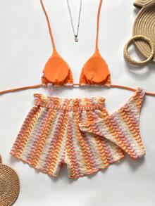 Swim Vcay 女款波浪提花掛脖綁帶背心上衣與三角比基尼泳褲短褲泳裝套裝 - 彩色 - 查看 2