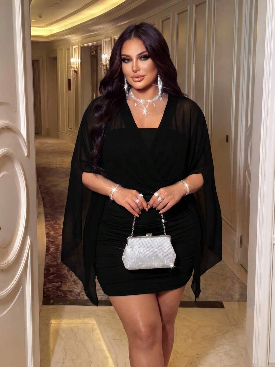 NU&NOW Plus Size Fashionable Mesh V-Neck Bodycon Mini Dress, Sexy Elegant Style Halloween Party Cocktail Black Summer - Black - View 1