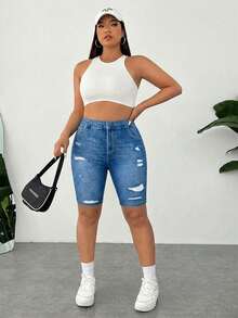 SHEIN EZwear 大码女式口袋纽扣破洞休闲百搭日常修身打底裤 - 彩色 - 查看 4