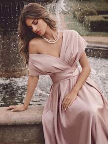 Savoree Women's Solid Color Asymmetric Neckline Ruched Elegant Dress - Pink - View 7