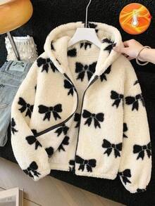 SHEIN 青少年女孩保暖內裡加厚蝴蝶結連帽拉鍊夾克 秋冬款 - 白色 - 查看 6
