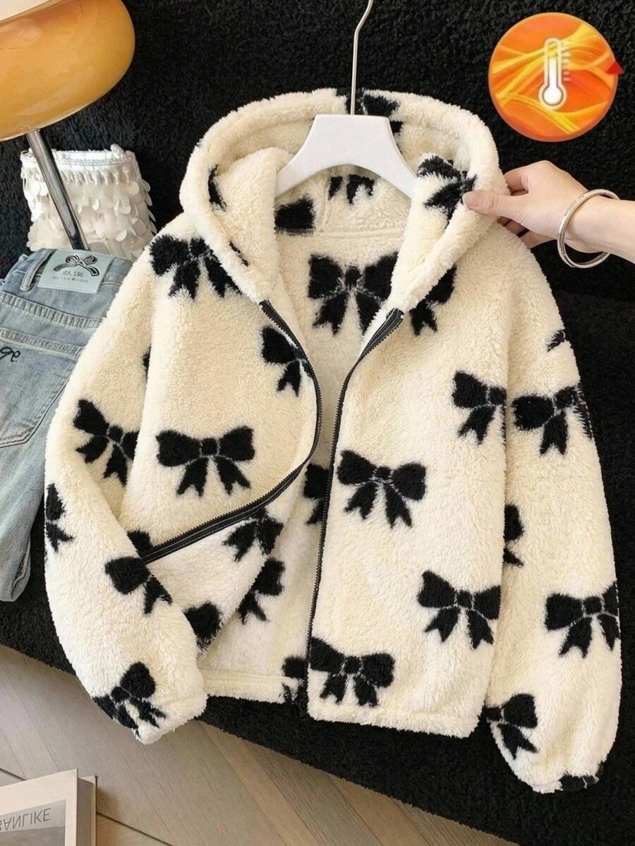 SHEIN Jaket Anak Perempuan Remaja Tebal Berlapis Termal dengan Pita dan Tudung, Model Resleting untuk Musim Gugur/Dingin - Putih - View 1