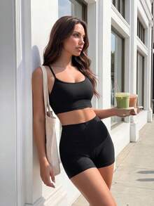 SHEIN Sports Women's Solid Color Casual Versatile Daily Wear Sports Camisole Tank Top - Black - View 3