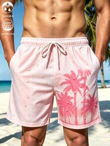 Manfinity Swimmode 加大码男士热带棕榈树印花抽绳腰侧口袋沙滩短裤，夏季 - 粉色 - 查看 2