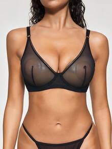 SHAPORA 1pc Black Mesh Underwire Push-Up Bra With Side-Smoothing For Small Chest, Women's Lingerie - Black - View 7
