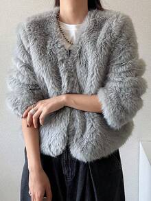 FRIFUL Women's Autumn Grey Short Versatile Faux Fur Jacket - Grey - View 3