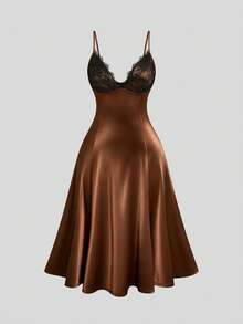 Sweetra Premium Deep Brown Satin Slip Dress With Black Lace V-Neck, Fitted Draped Mid-Length Sexy Dress - Brown - View 1