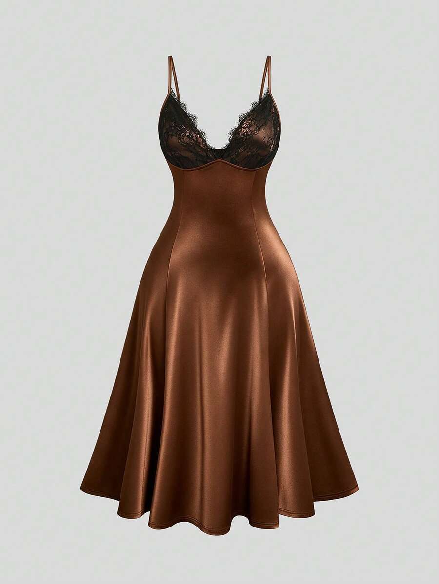 Sweetra Premium Deep Brown Satin Slip Dress With Black Lace V-Neck, Fitted Draped Mid-Length Sexy Dress - Brown - View 1