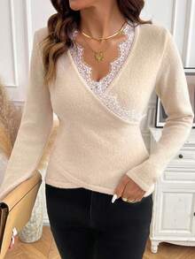 SHEIN Clasi Women's Lace Long Sleeve Crossover Cable-Tie Elegant Sweater,Knit Top With Lace Trim, Loose-Fit Long-Sleeve Fuzzy Sweater For Fall/Winter - Apricot - View 8