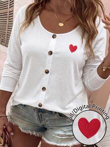 SHEIN LUNE Women's Autumn/Winter Small Heart Print Casual T-Shirt Formal Vacation Red And White - White - View 1
