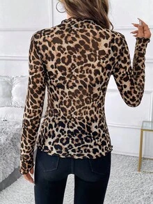 SHEIN Clasi 女款優雅性感豹紋網紗修身上衣，棕色，適合萬聖節外出、夜店、秋季穿著 - 彩色 - 查看 3