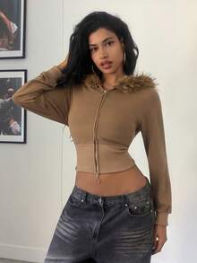 Jeanoix Autumn Casual Fur Collar Hooded Cropped Jacket - Grey - View 4