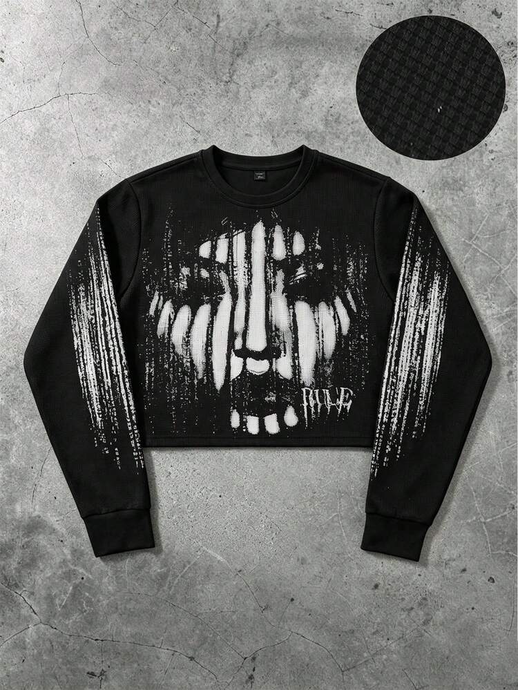 ROMWE MEN Street Life Men's Waffle Fabric Face Print Loose Fit T-Shirt - Black - View 7
