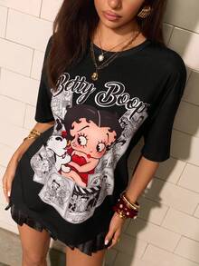Betty Boop x SHEIN Women's Letter & Cartoon Print Casual Versatile Everyday T-Shirt - Black - View 8