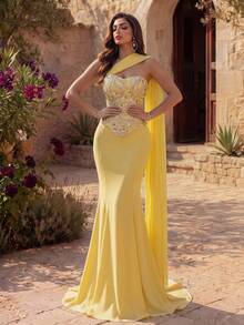 Coutiva Women's Elegant Party Sequin Patchwork Mermaid Tail Evening Dress - Yellow - View 5