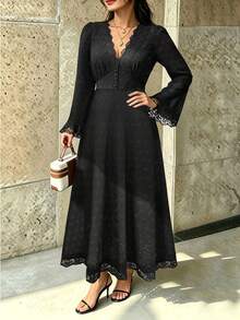 SHEIN LUNE CURVE V-Neck Flared Long Sleeve Cinched Waist A-Line Lace Trim Patchwork Design Elegant Knit Dress Fall - Black - View 5