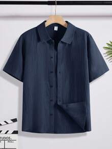 SHEIN Teen Boy Plain Single-Breasted Casual Versatile Daily Wear Shirt - Navy Blue - View 7