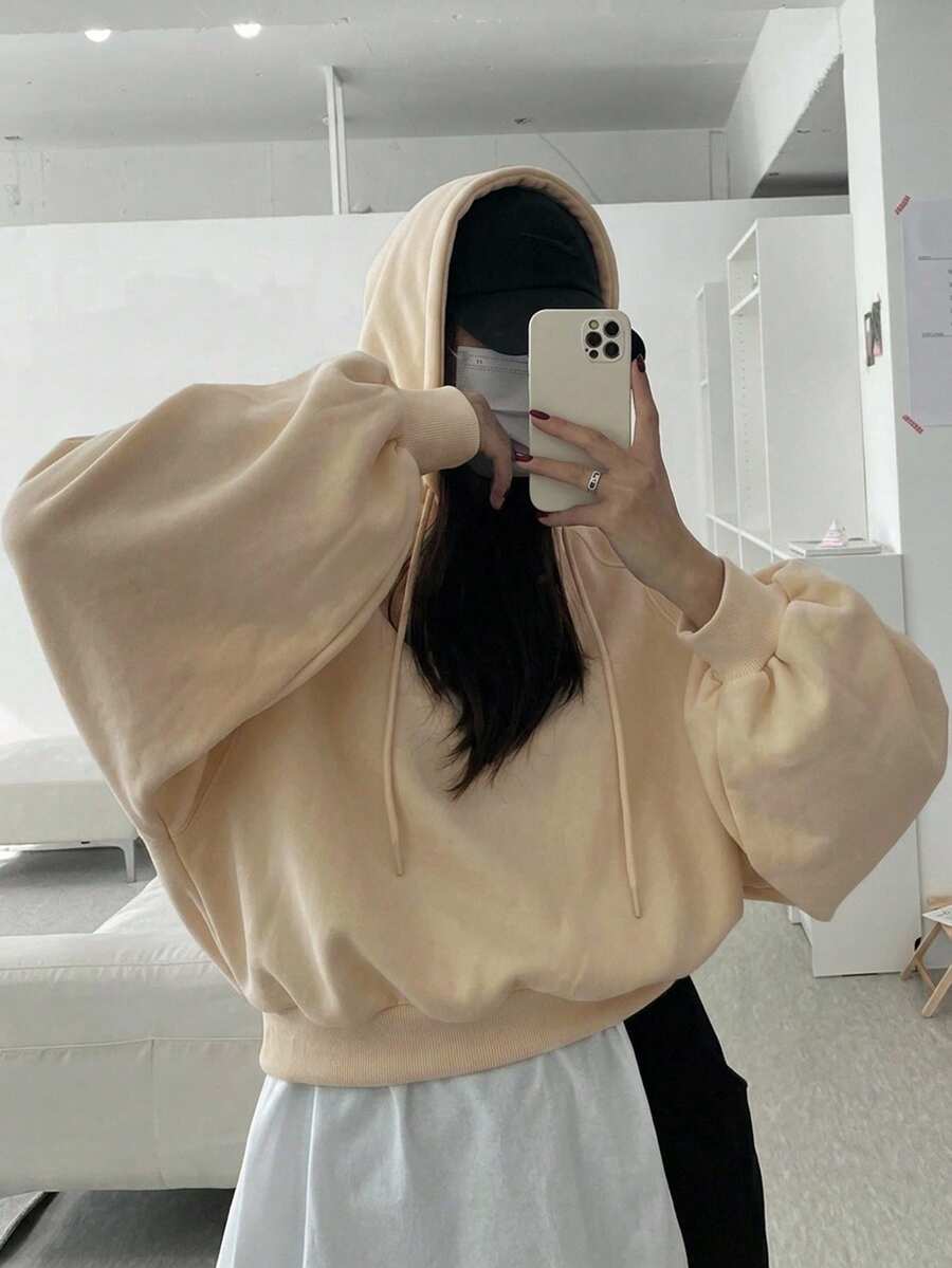 DAZY Women's Solid Color Hooded Oversized Cropped Sweatshirt - Yellow - View 1