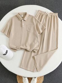 2pcs Tween Boys Loose Casual Turndown Collar Short Sleeve Polo Shirt And Pants Set Suitable For Summer Suitable For Daily Use Suitable For School Suitable For Travel Suitable For Sports Suitable For Spring And Summer Outfits Textured Fabrics - Khaki - View 3