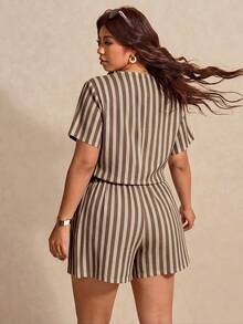 Melodosi Plus Size Striped Single-Breasted Shirt And Casual Shorts 2 Pieces Set - Multicolor - View 2