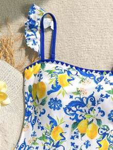 SHEIN Modest Cute Flounce Print One-Piece Swimsuit, Suitable For Beach & Holiday - Blue - View 5