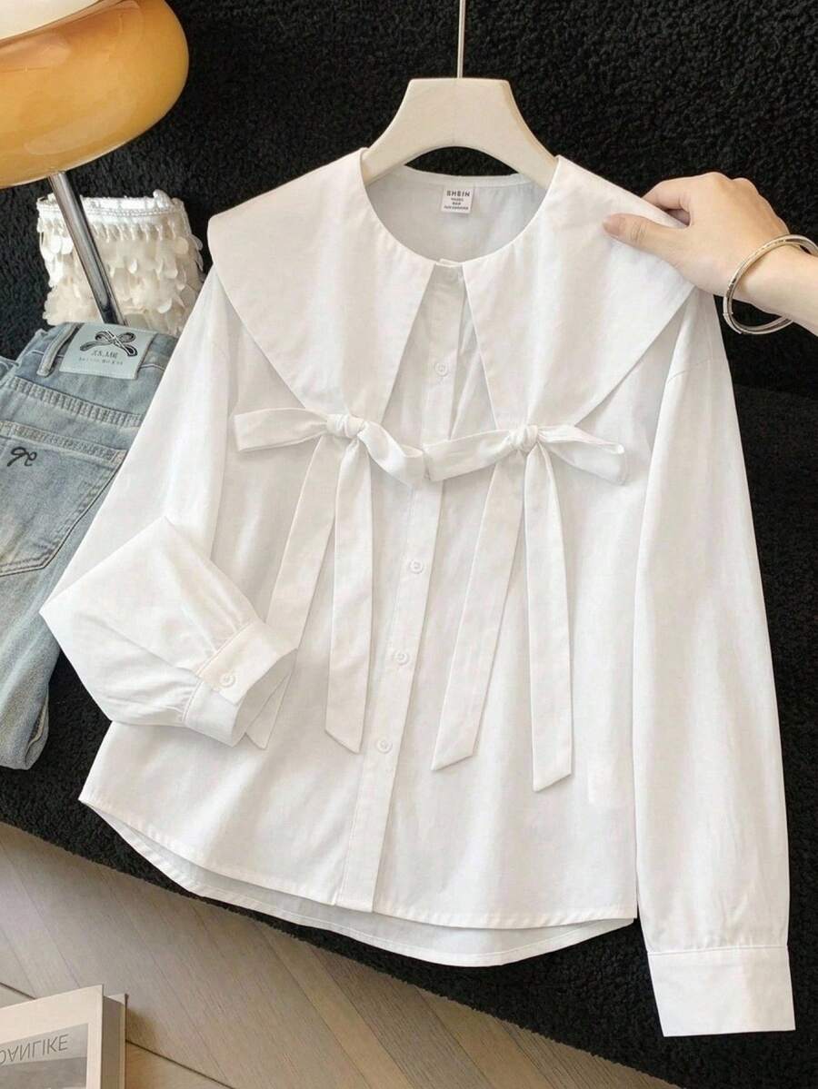 SHEIN 兒童青少年女孩秋冬休閒校園風大廓形翻領3D蝴蝶結寬鬆長袖白色襯衫，返校季、高中舞會、派對、開學日，女童白色襯衫女式白色上衣 - 白色 - 查看 1