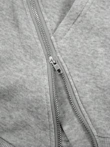 SHEIN Sweatshirt Hoodie Kasual Ukuran Besar dengan Resleting dan Detail Hem, Musim Gugur/Dingin - Light Grey - View 4