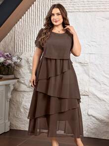 Lacomfia Plus Size Short Sleeve Solid Color Chiffon Multi-Layer Asymmetrical Hem Midi Dress For Women Formal Wedding Guest Brown Summer Elegant - Coffee Brown - View 6