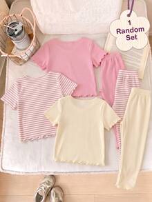 Elladie kids [1 Conjunto Aleatório] 2 Peças/Conjunto Camiseta e Legging Listrada Floral Doce para Meninas, Camiseta de Manga Curta com Babado Floral 3D Listrada e Cor Sólida & Legging com Babado, Estilo Macio, Fashion, Doce, Fofo e Versátil - Rosa chiclete - Visão 2