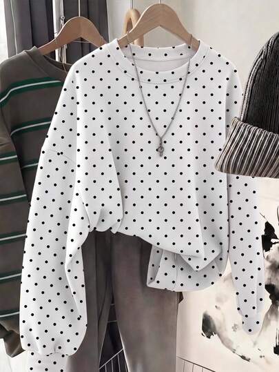 SHEIN EZwear Printed Crew Neck Sweatshirt, Suitable For Autumn/Winter, Casual Minimalist Romantic Vintage Korean Style Black & White Polka Dot Sweatshirt, Suitable For Outings, Commuting, Summer Wear