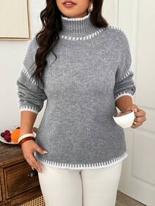 Weeklong Plus Size Contrast Color High Neck Long Sleeve Slouchy Commute Autumn/Winter Versatile Knit Sweater Thickened - Grey - View 6
