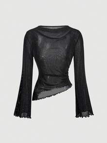 SHEIN MOD 女款 2 件組 酒紅與黑色亮片圓領抓皺喇叭袖收腰不對稱下擺百搭長袖 T-shirt 打底衫 - 紅色和黑色 - 查看 6