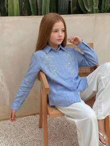 Hapijoa Casual Lapel Pattern Loose Long Sleeve Autumn Girls (Big) Shirt - Blue - View 8