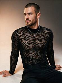ZURIURI Men's Semi-Sheer Casual Long Sleeve T-Shirt - Black - View 6