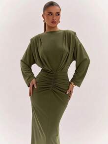 SHEIN BAE Gaun Komuter Elegan Warna Polos dengan Detail Kerut di Pinggang - Hijau Tentara - View 7