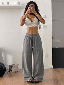 Coolane 女款休閒百搭純色寬鬆長褲 - 灰色 - 查看 2