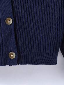 SHEIN Girls' Open Front Cardigan Sweater 2025 European & American Autumn/Winter New Style, Solid Color V-Neck Lantern Sleeve Button Knit Loose Short Cardigan Jacket, Vintage Slouchy, Vacation Outfit - Navy Blue - View 5