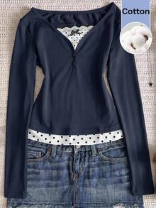 SHEIN Tween Girl Tween Girl Tween Girls Knit Royal Blue Patchwork Polka Dot Casual Long Sleeve T-Shirt - Navy Blue - View 3