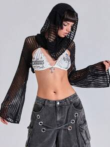 ACID BLVD Women's Y2K Versatile Mesh Hollow Long Sleeve Hooded Sweater - Black - View 1