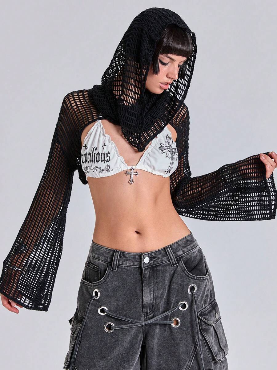 ACID BLVD Women's Y2K Versatile Mesh Hollow Long Sleeve Hooded Sweater - Black - View 1