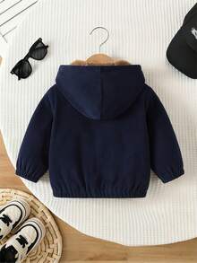 SHEIN Playful Pals Baby Boy Autumn/Winter Front Zipper Embroidered Thermal Lined Corduroy Hooded Jacket, Suitable For Holidays, Parties, Outdoor, School, 6M-3T, Baby Boy Jacket, Toddler Clothing, Baby Clothing - Navy Blue - View 2