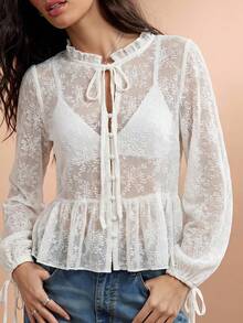 WESTFADE Blusa de malla transparente con lunares, cuello alto, lazo delantero, volantes, peplum y manga larga, estilo lindo para otoño - Beis - Ver 4