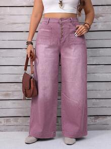 EMERY ROSE Plus Size Women Loose Button Front Wide Leg Casual Jeans - Dusty Pink - View 2