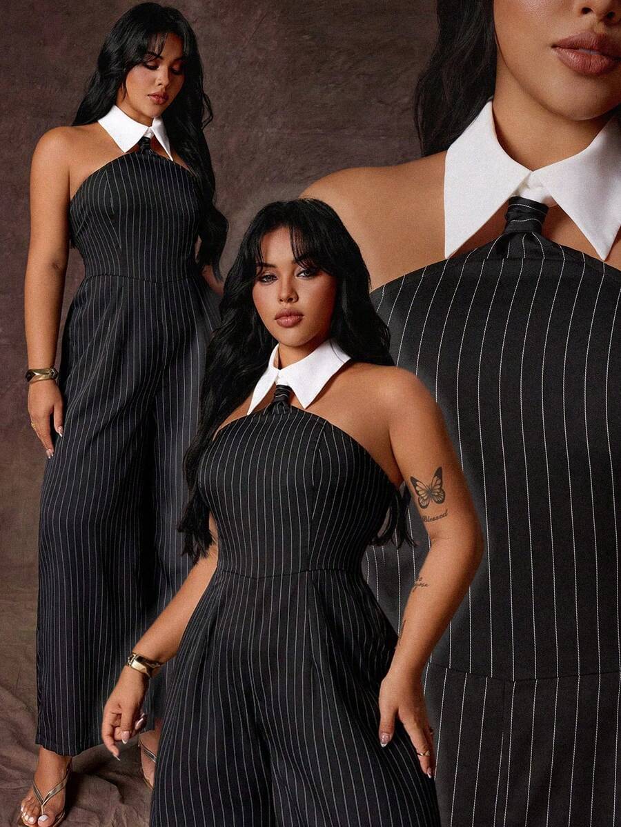 Rustia Plus Size Women's Casual Elegant Striped Jumpsuit - Black and White - View 1