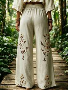 EMERY ROSE Plus Size Casual Vacation Floral Print Drawstring Waist Loose Pants Fall - Multicolor - View 2