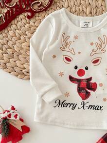 SHEIN Babygirl Cute Casual Versatile Knit Plaid Pants & Cartoon Pattern Tight Knit Top Homewear Set - Beige - View 5