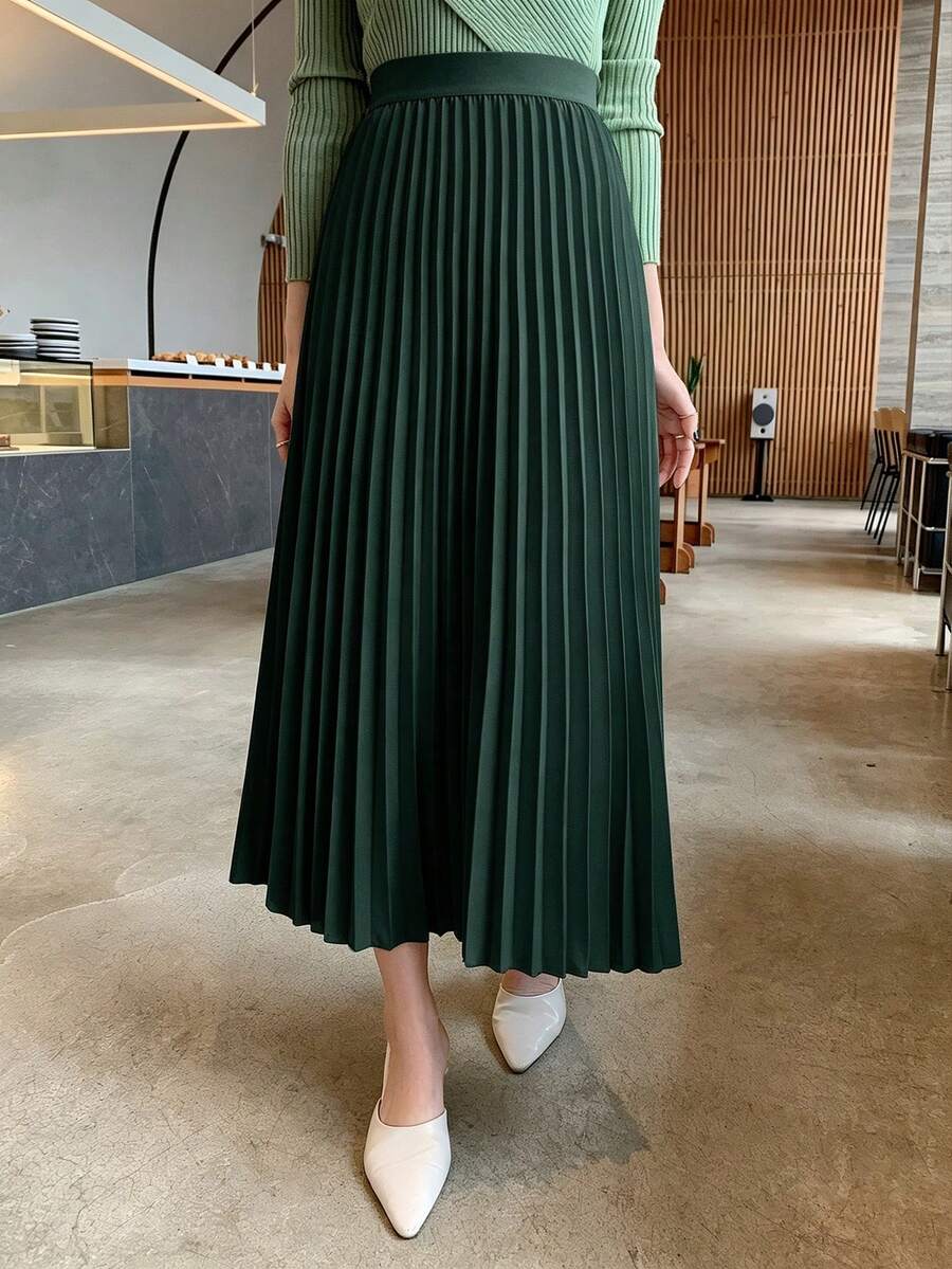 DAZY 春夏優雅純色百褶女款裙 - 墨綠色 - 查看 1